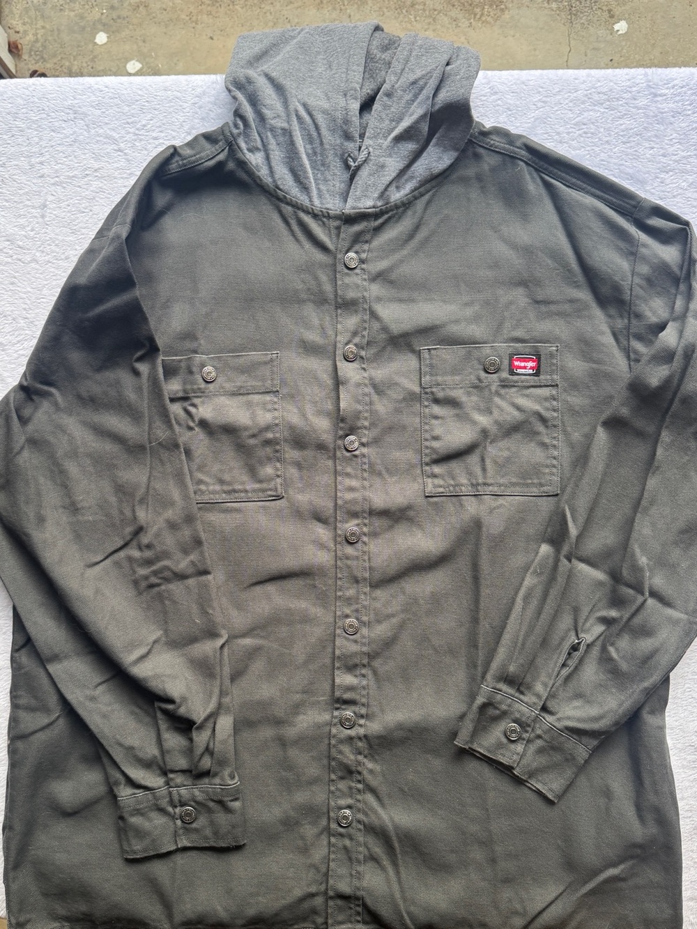 Wrangler Workwear Hooded Shirt Jacket Mens XL Olive Green Canvas Flannel Lined
